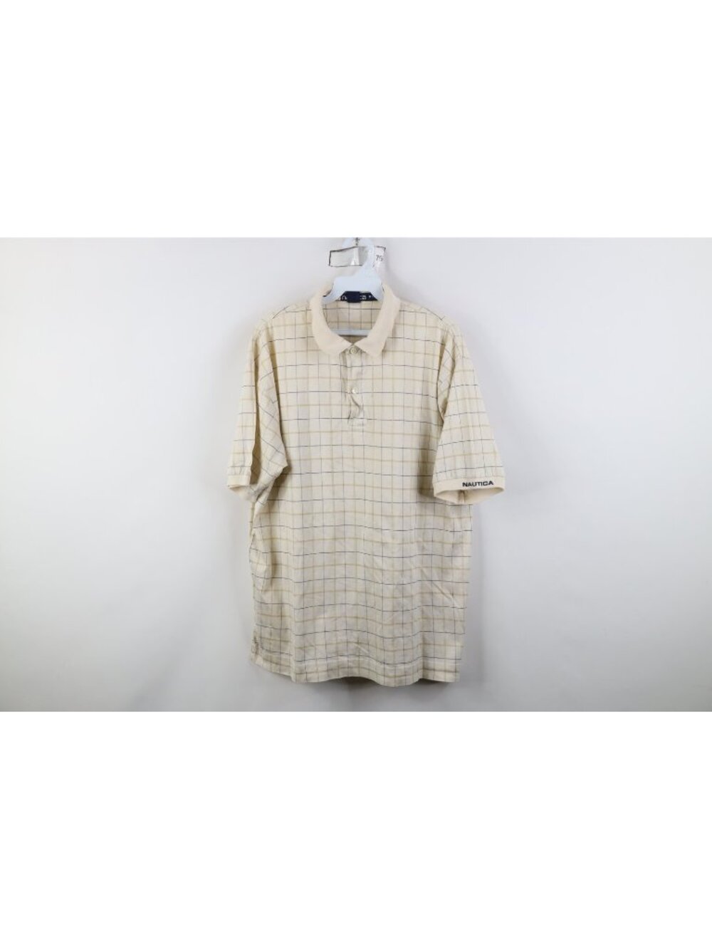 Vtg 90s Nautica Mens Medium Spell Out Checkered Knit Collared Golf Polo Shirt